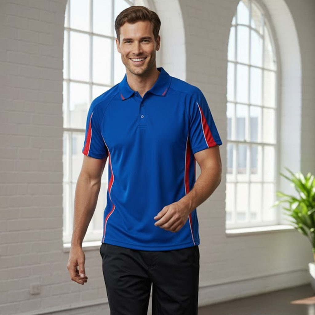 Blue Eureka Polo shirt with red white trim for uniforms workwear