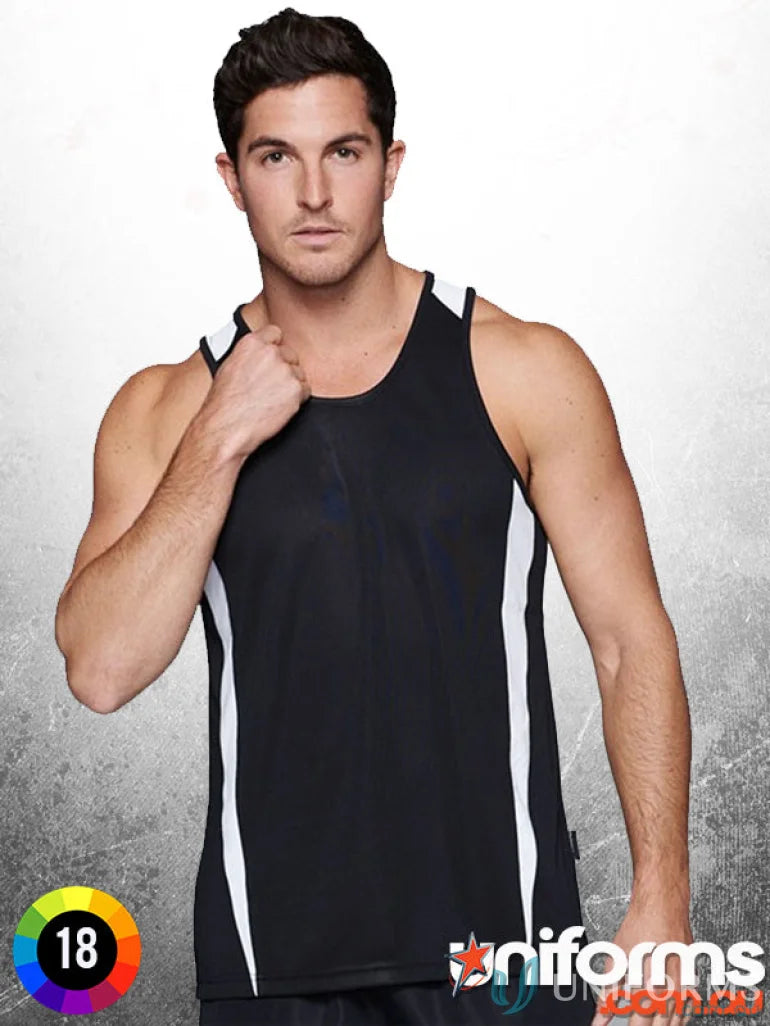 Black and white athletic tank top made from breathable fabric, perfect for uniforms or workwear