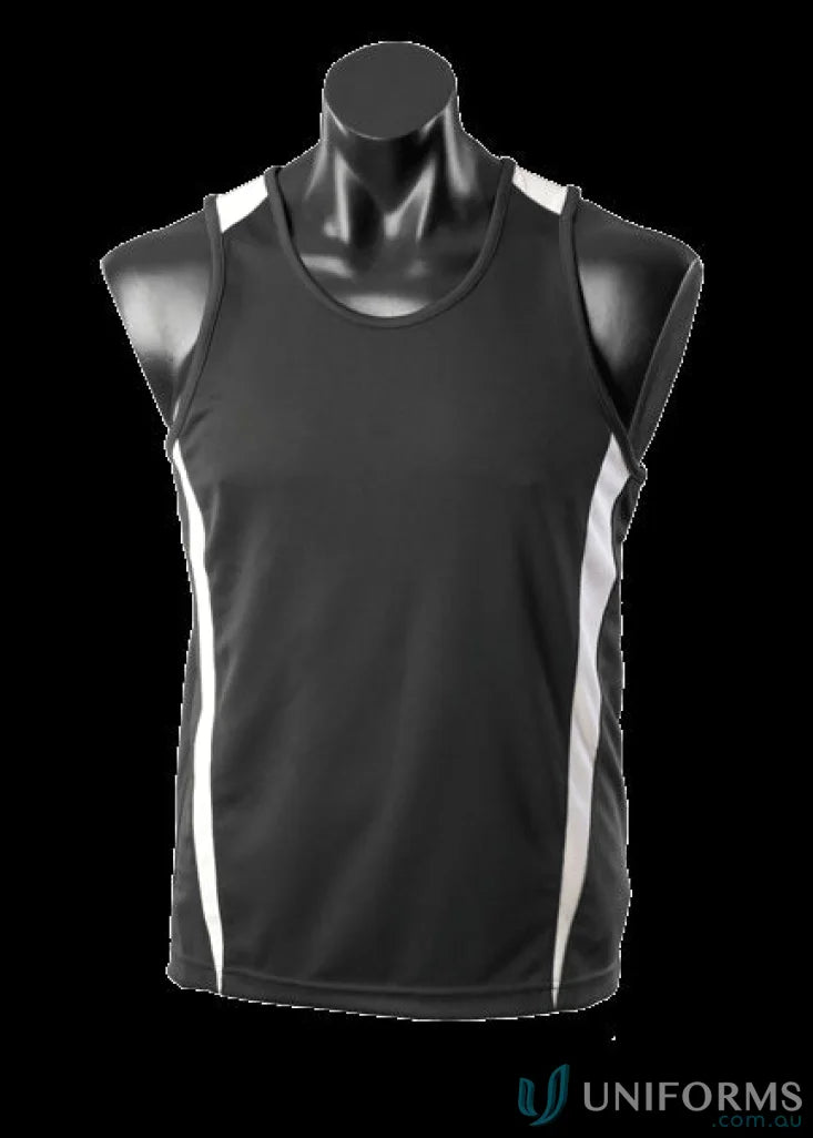 Black and white Eureka Singlet athletic tank top made from breathable fabric for sports