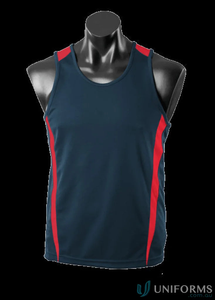 Navy and red Eureka Singlet athletic tank top with breathable fabric for active wear