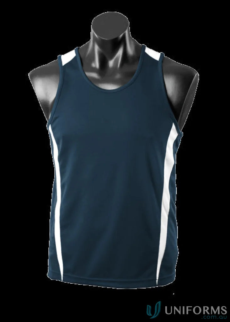 Navy and white athletic tank top made from comfortable fabric, perfect for uniforms or workwear