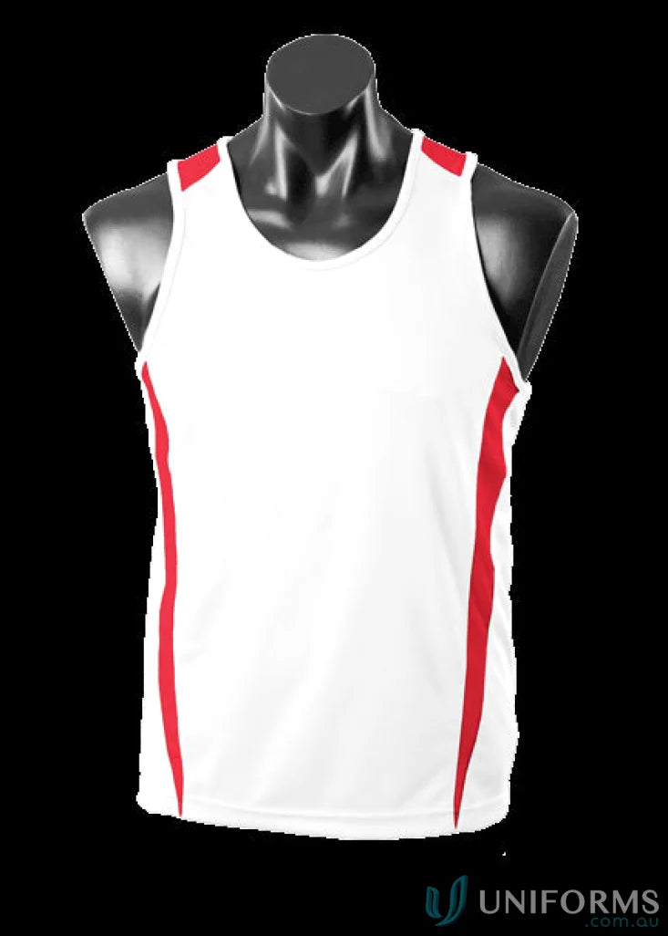 White and red Eureka Singlet athletic tank top made from comfy fabric for workout uniforms