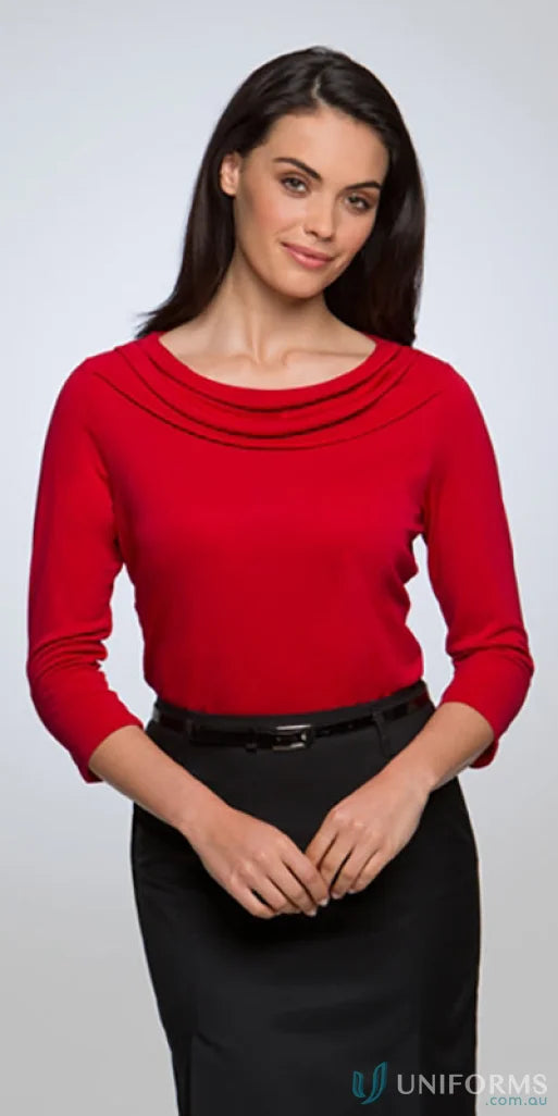 Eva Knit style woman in red top and black skirt showcasing the Eva Knit 3Q Top