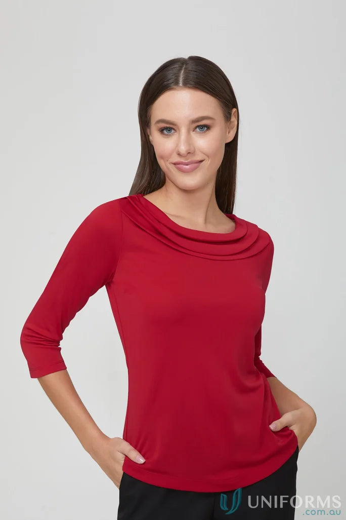Red cowl neck top from Eva Knit style, perfect for a cozy knit look