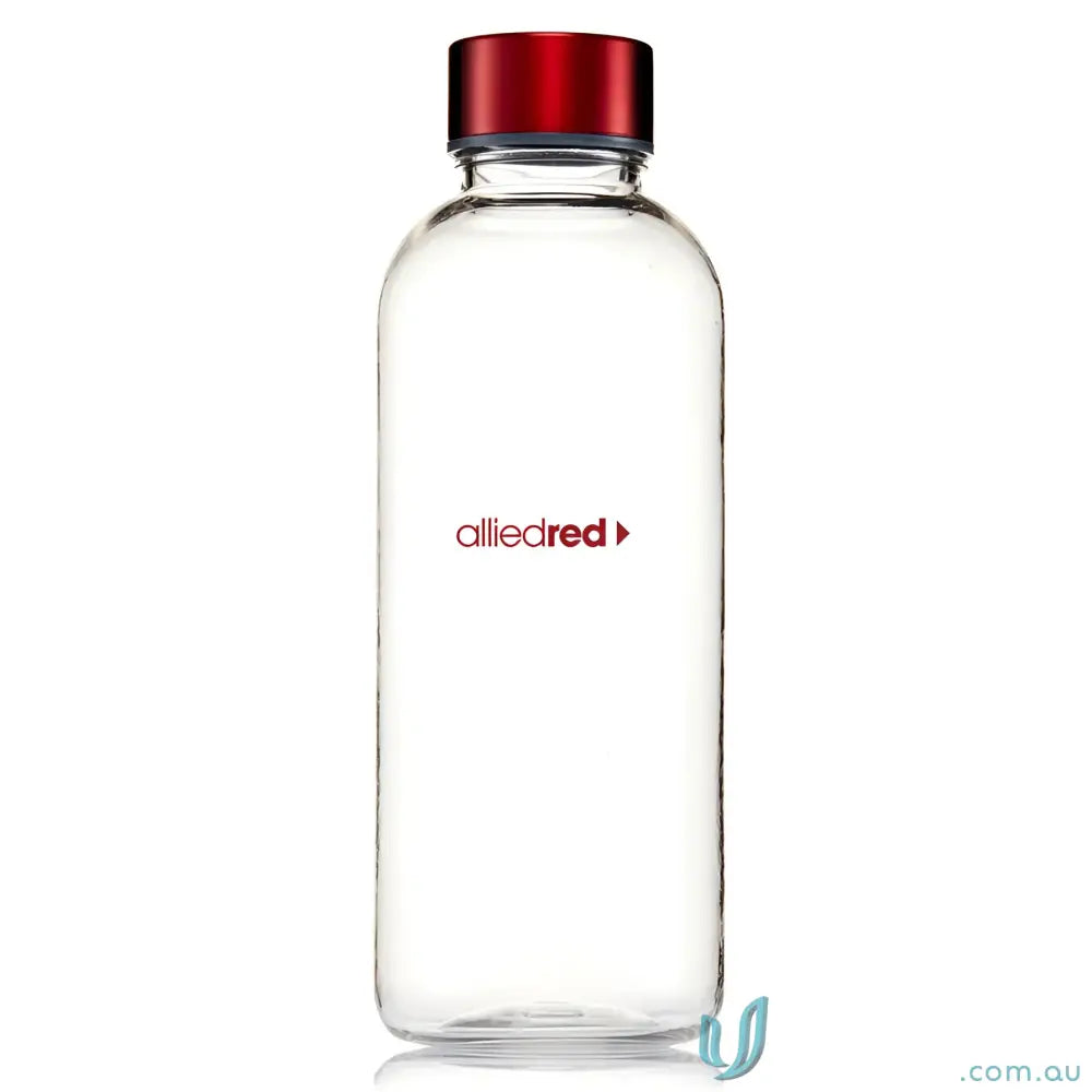 Clear Tritan water bottle with red cap for hydration and custom logo branding
