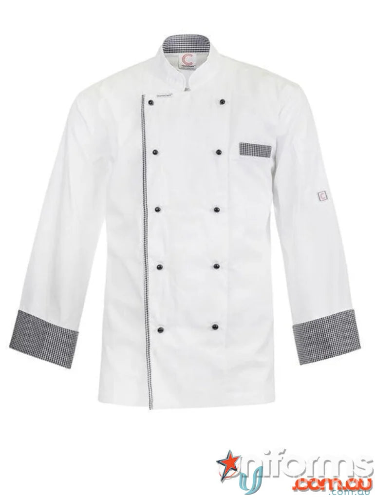 White chef jacket with black buttons featuring vented design for easy movement