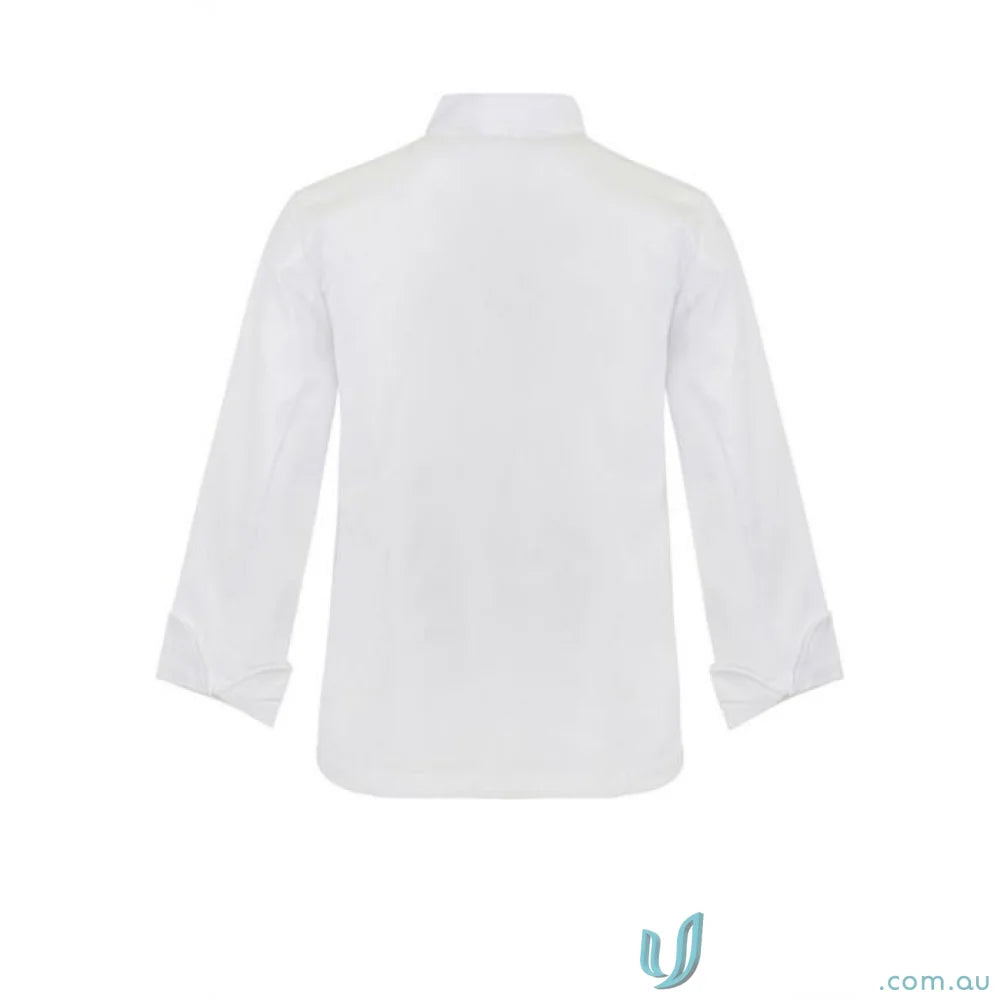 White long-sleeved executive chef jacket with press studs to stay cool in the kitchen