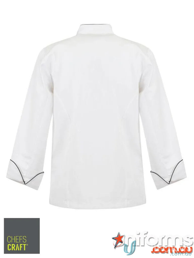 White chef’s jacket with contrast piping from Executive Piping L/S Chef Jacket workwear