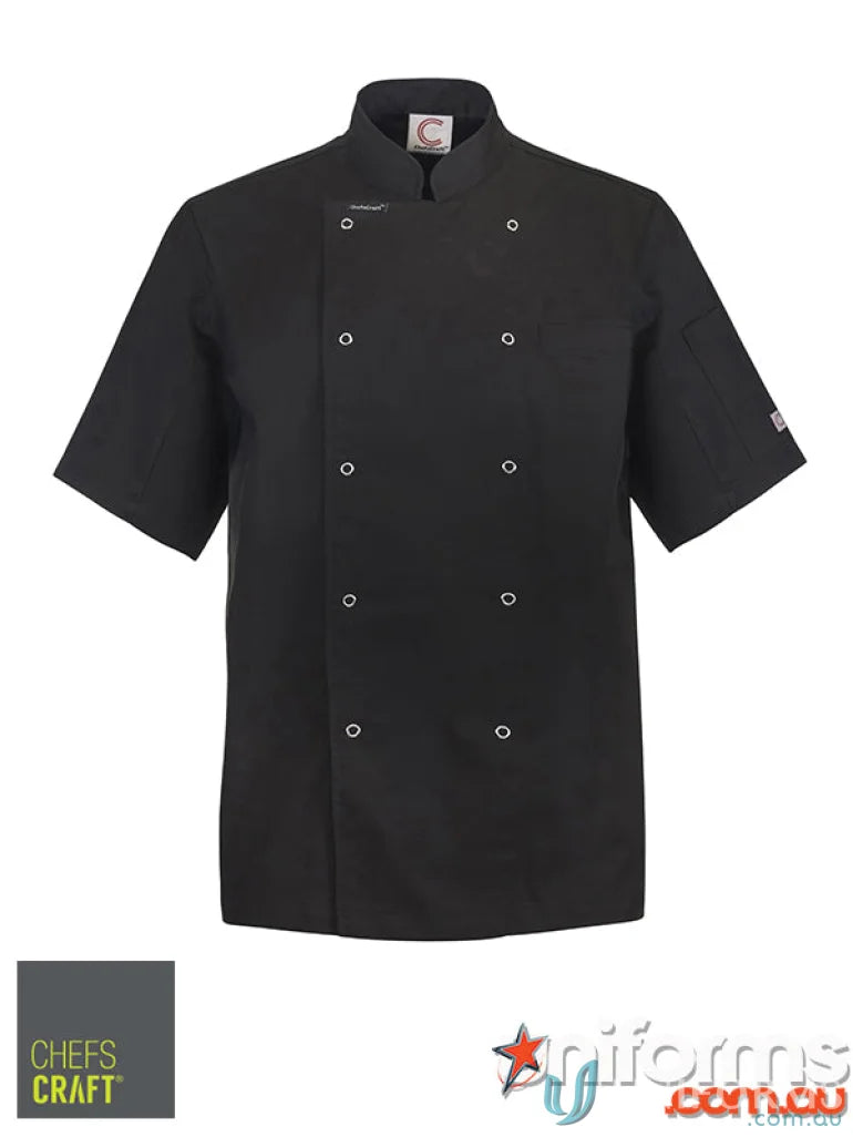 Black short-sleeved chef jacket with white buttons, perfect workwear for chefs