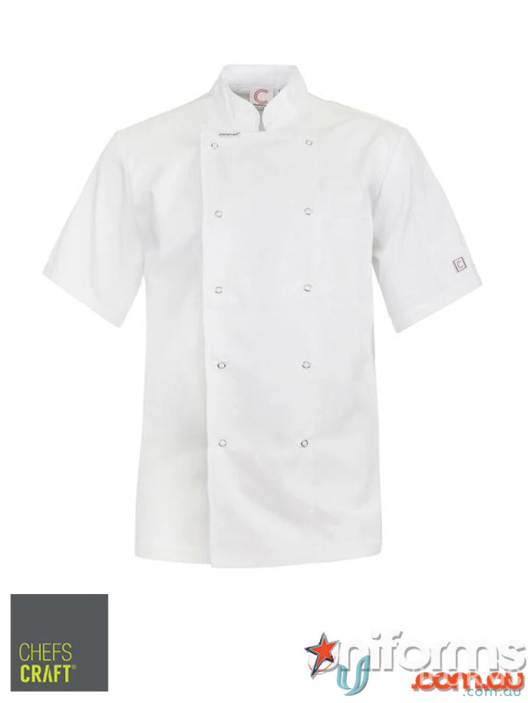 White short-sleeved chef jacket with double-breasted buttons for professional workwear