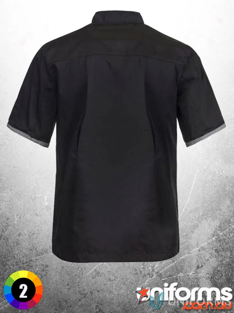 Black short-sleeved chef’s shirt from the Executive S/S Vented Chef Jacket, great check fabric workwear