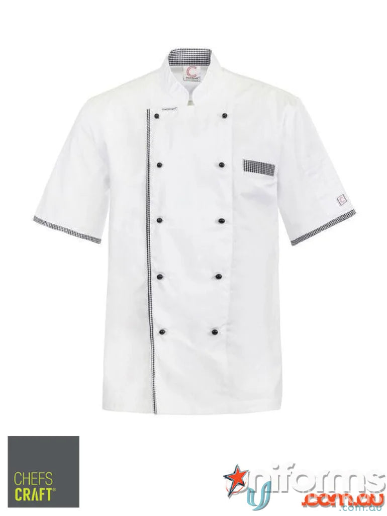 White chef’s jacket with black trim from Executive S/S Vented Chef Jacket, perfect workwear