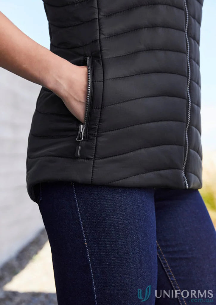 Black quilted women’s expedition vest with zippered pocket from Biz Collection