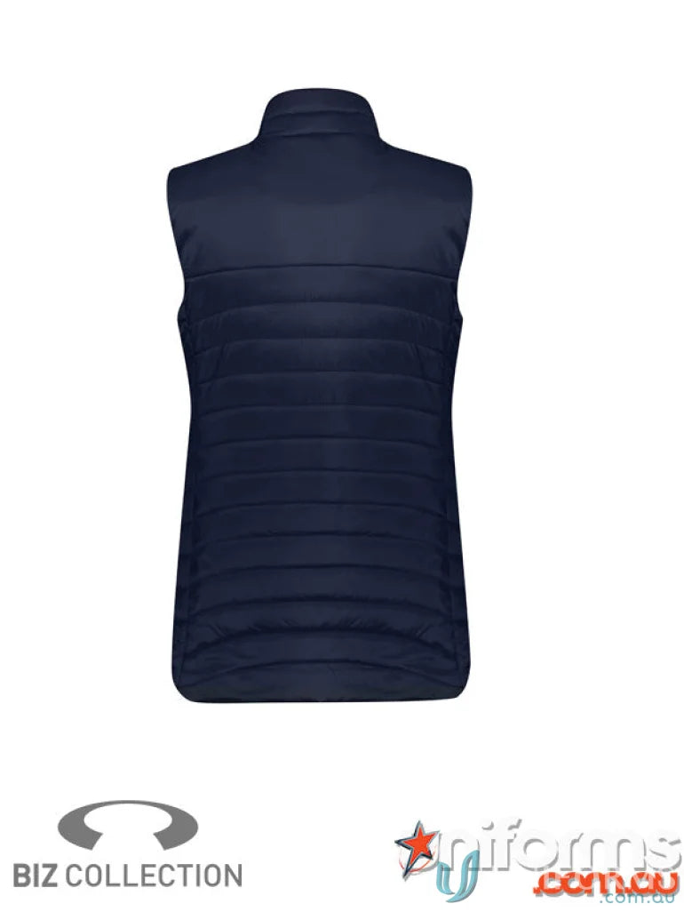 Navy blue quilted women’s expedition vest from Biz Collection, perfect for outdoor adventures