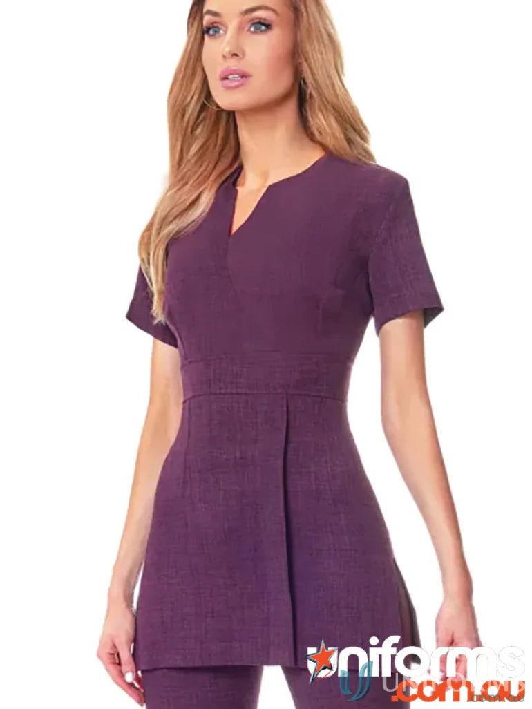 Purple linen-look fashion tunic top made from stylish linen-look fashion fabric