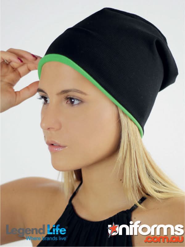 Extreme Beanie with black and green trim, perfect for marketing info sheets