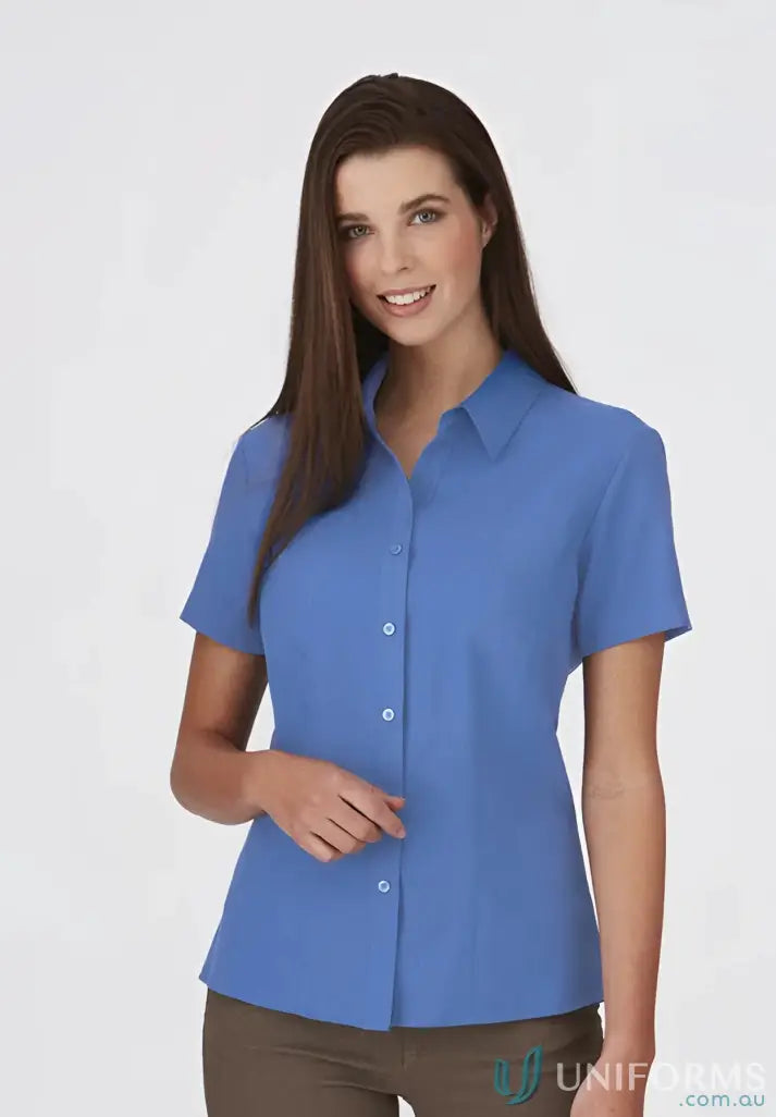 Ezylin Ladies S/S Shirt in solid blue perfect for work uniforms and workwear