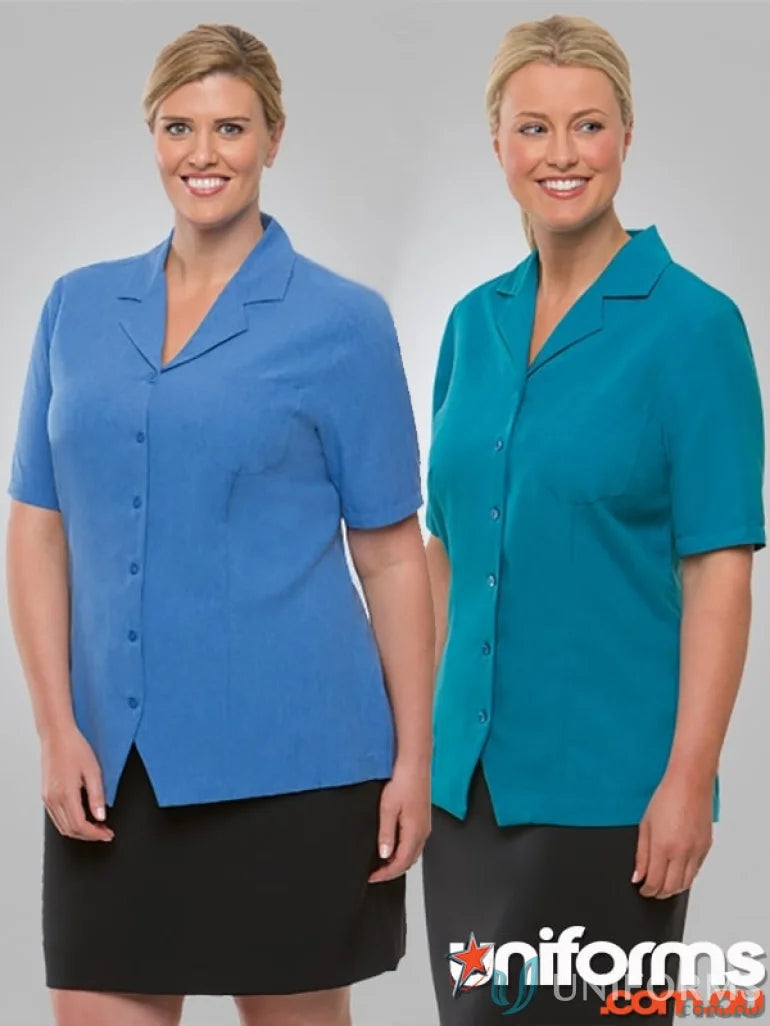 Two women in Ezylin Overblouse Ladies S/S Shirt with breathable polyester and revere collar