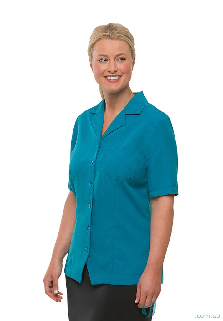 Woman in teal Ezylin Overblouse Ladies SS Shirt with revere collar and breathable polyester