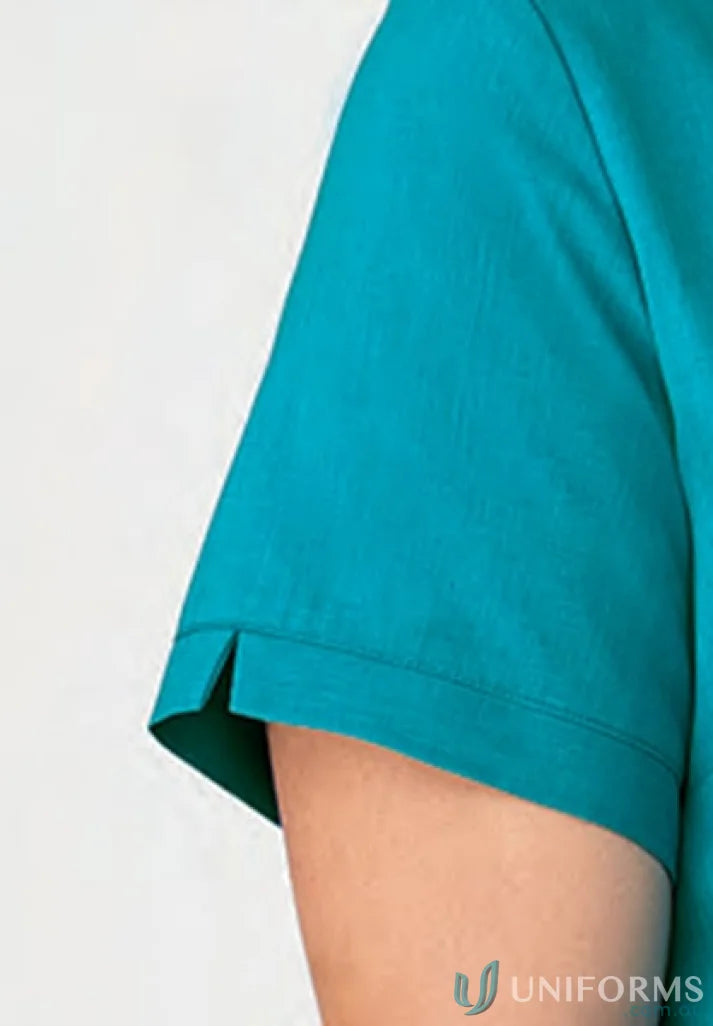 Teal short sleeve cuff slit top from Ezylin Tunic made with breathable polyester for workwear