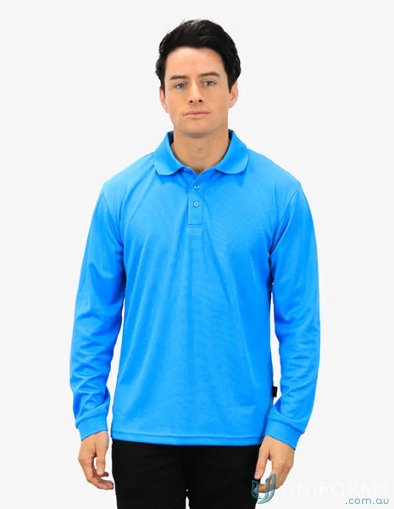 Blue long sleeve polo shirt with CoolDry moisture management tech from Falcon LS Polo