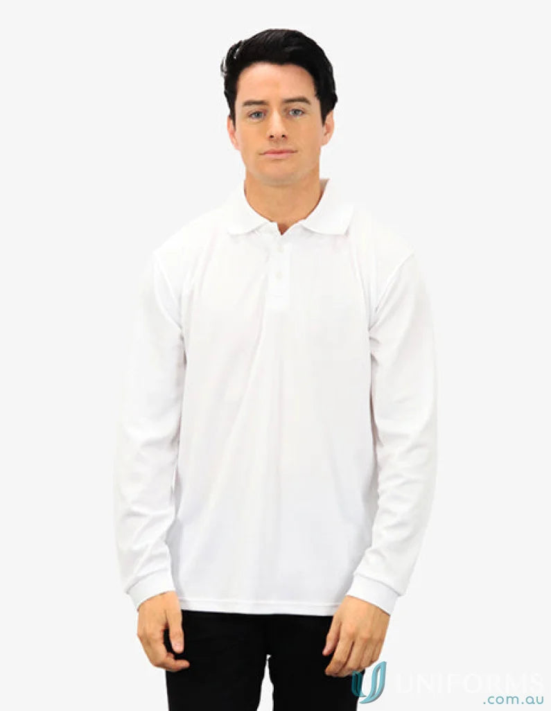 Man wearing Falcon LS Polo with cooldry moisture management long sleeve polo shirt