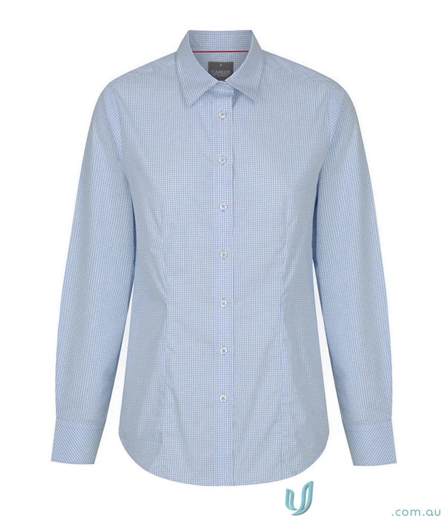 Fawkner Micro Check LS Shirt in light blue checkered cotton with silk protein detail