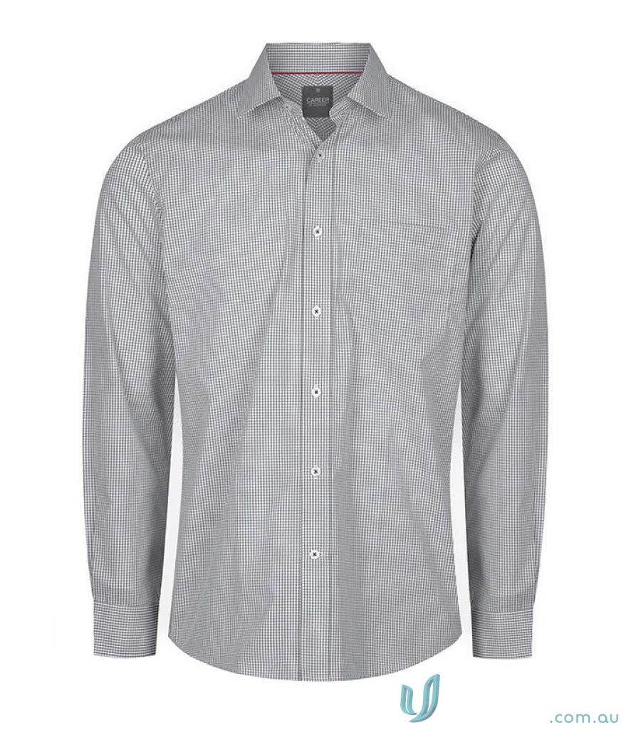 Gray checkered long-sleeved Fawkner Micro Check shirt with silk protein easy iron finish