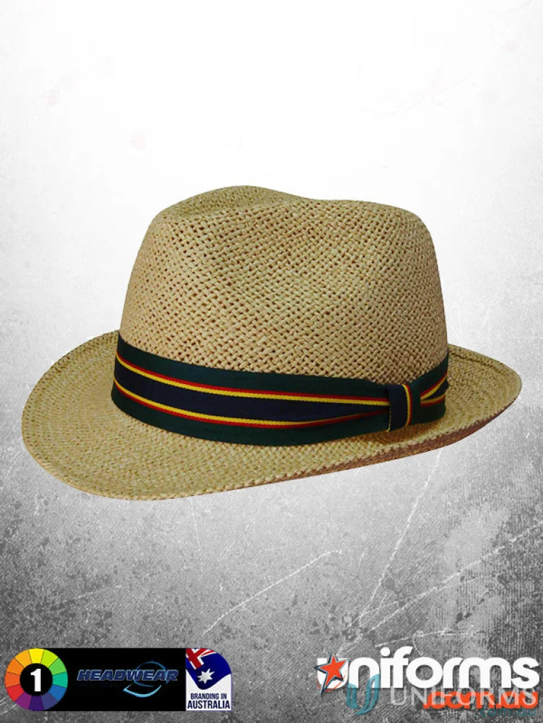 Imprint on the stock woven straw fedora with striped band, measuring centimeters wide