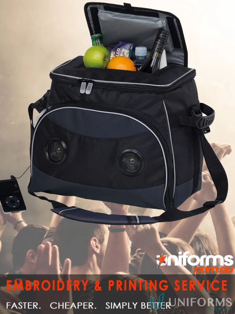 Black and gray Festival Music Cooler cooler bag with built-in speakers and MP3 player functionality