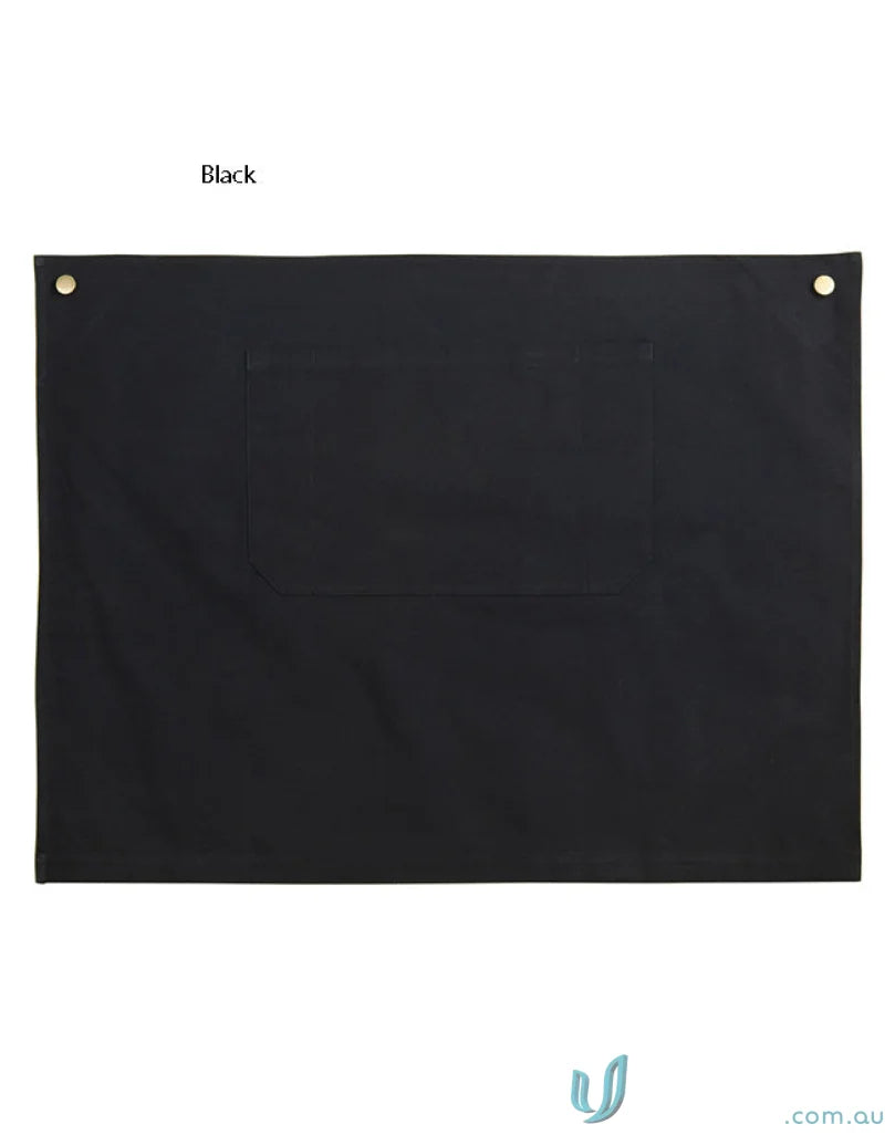 Black rectangular banner on Fitzroy Half Waist Apron with reinforced designer rivets and brass buttons