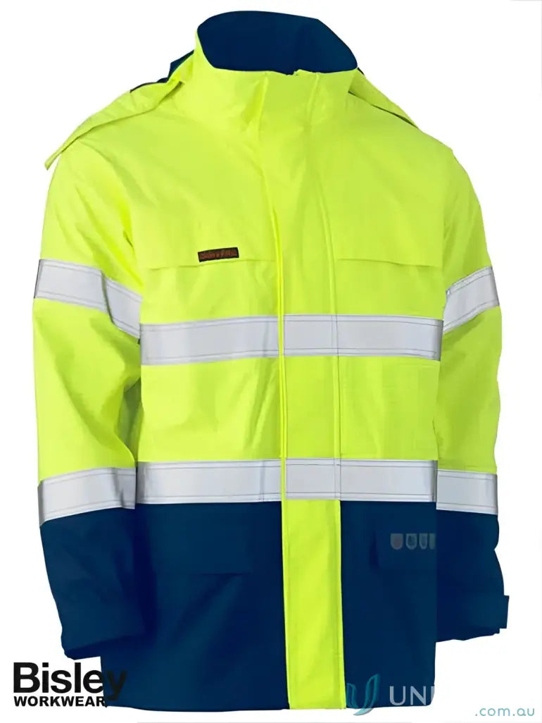 High-visibility flame resistant work jacket with reflective stripes and touch tape closure for hazardous environments
