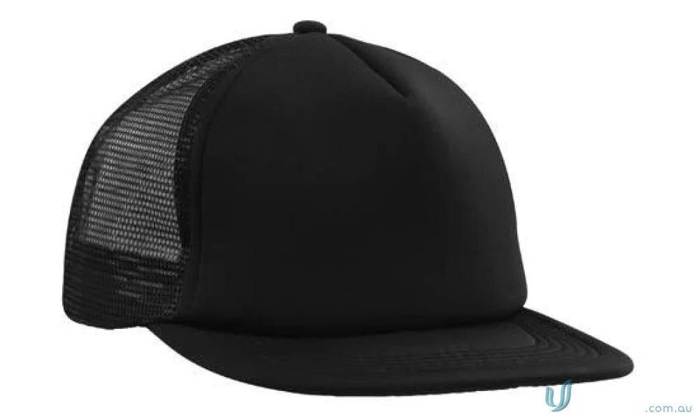 Black flat peak trucker mesh cap with solid front panel, perfect for uniforms FAQ link
