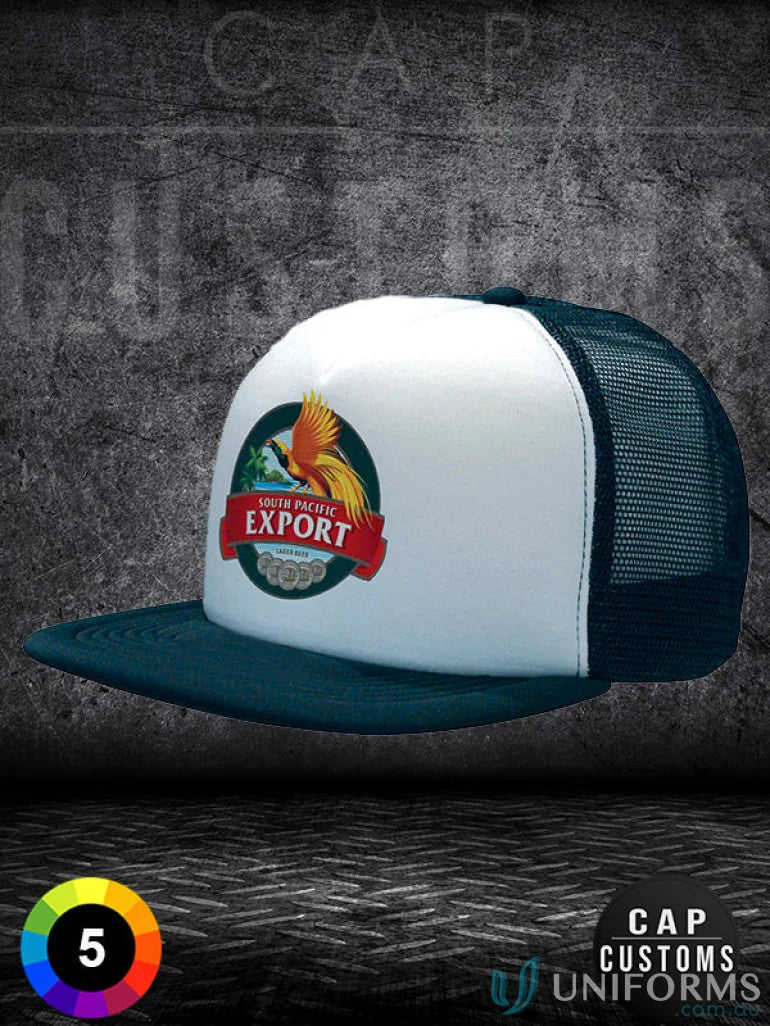 Flat peak trucker mesh cap with South Pacific Export logo, perfect for uniforms faq link