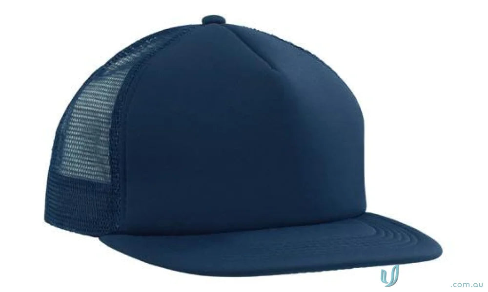 Navy blue flat peak trucker mesh cap perfect for uniforms and FAQ link info