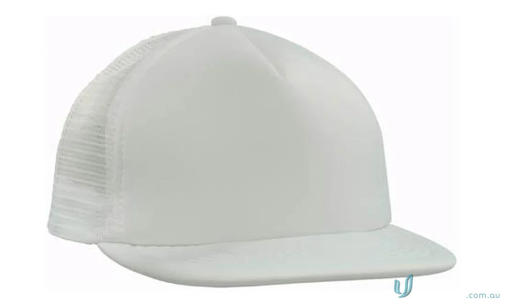 Plain white mesh-back trucker hat with flat peak, perfect for uniforms and faq link friendly