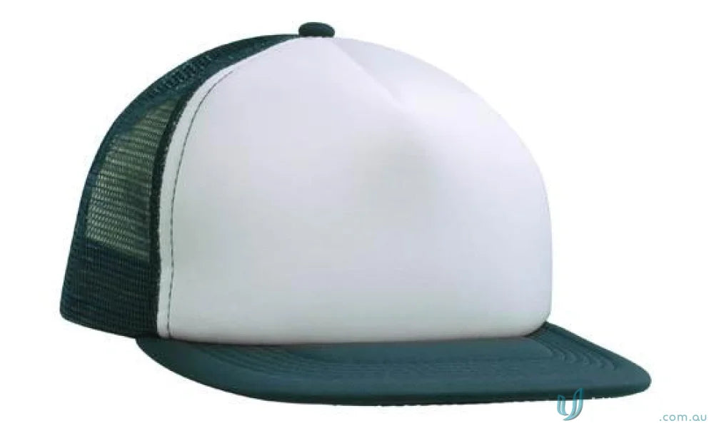 Flat peak trucker mesh cap with dark green brim, white foam front, perfect for uniforms