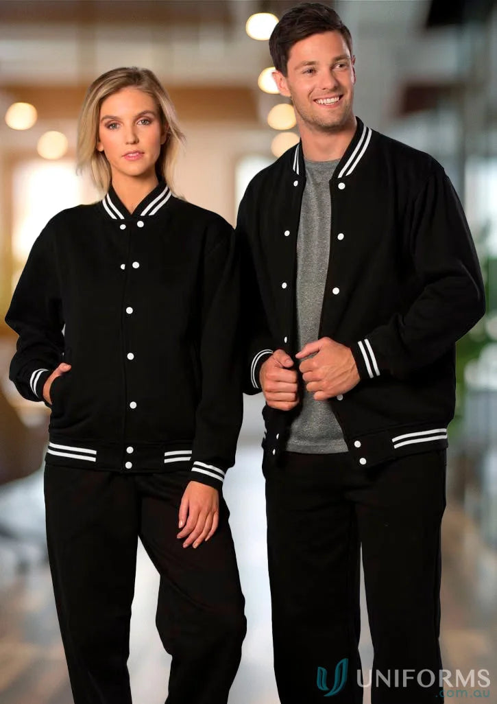 Matching black fleece varsity jacket for men and women showcasing winning spirit fleece style