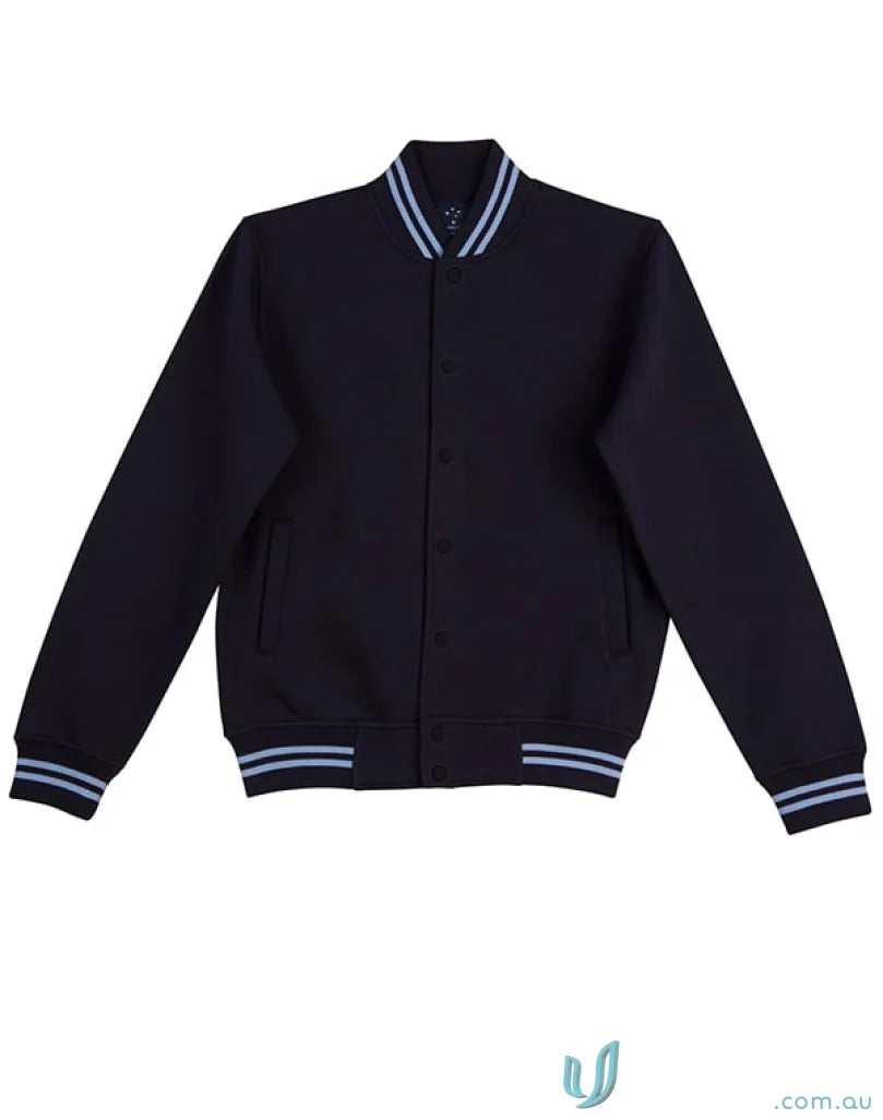 Navy blue fleece varsity jacket with light blue trim, perfect blend of style and warmth