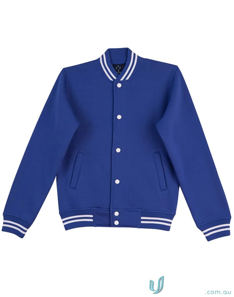 Blue fleece varsity jacket with white trim showcasing winning spirit fleece style perfect blend