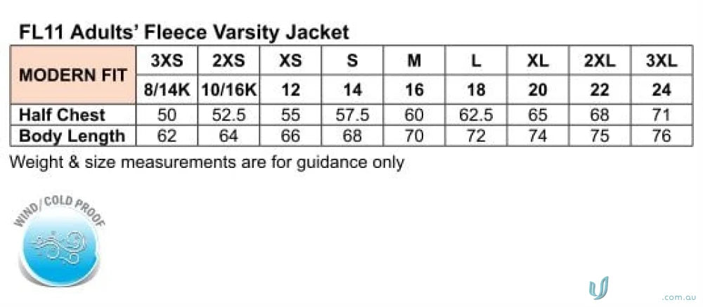 Size chart for Fleece Varsity Jacket with winning spirit fleece and perfect blend fabric