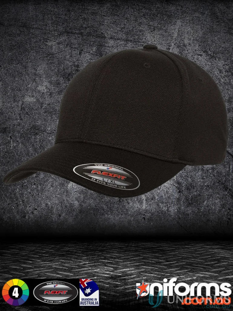 Black fitted baseball cap from Flexfit Cool Dry Sports Cap collection for sporty style