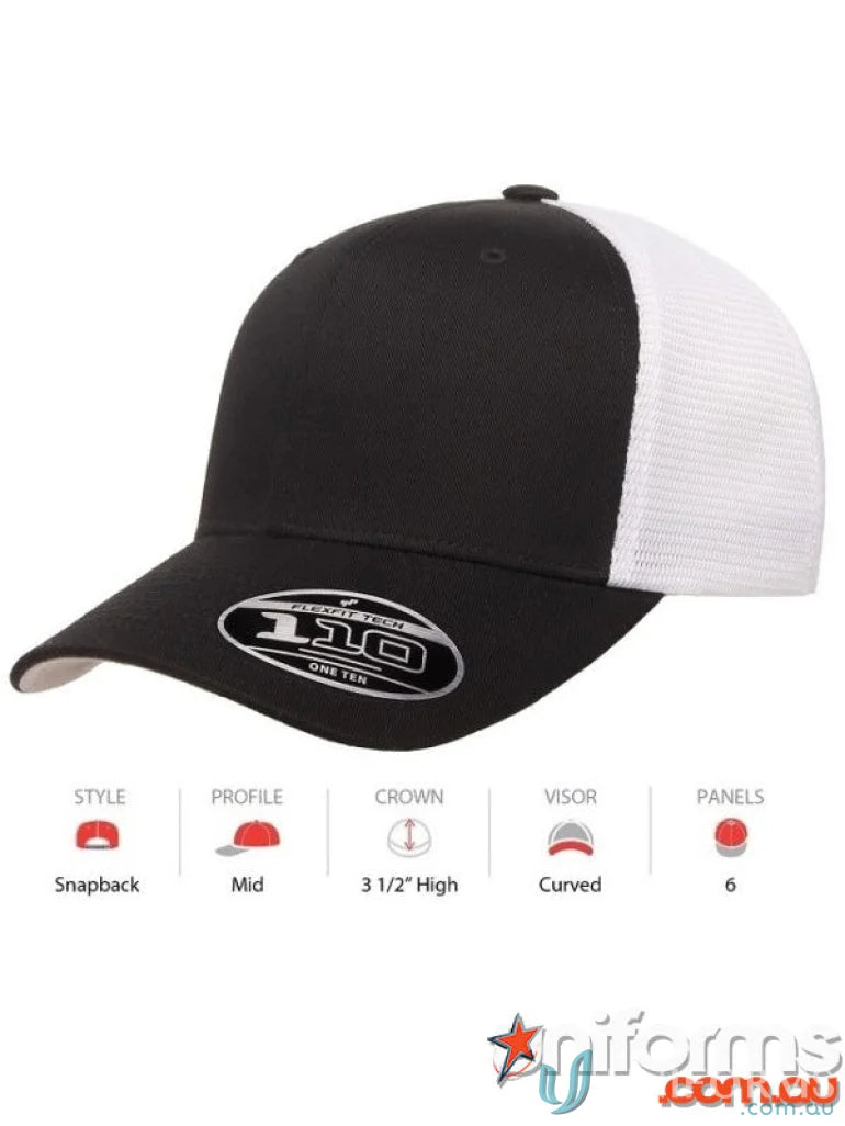 Black and white FlexFit Mesh Snap Back Cap with curved brim for sporty style