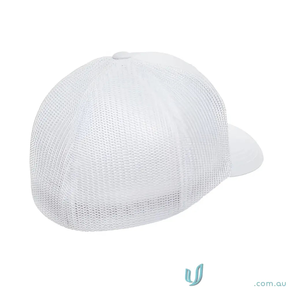 White mesh baseball cap showcasing Flexfit Mesh Trucker Cap style and comfort