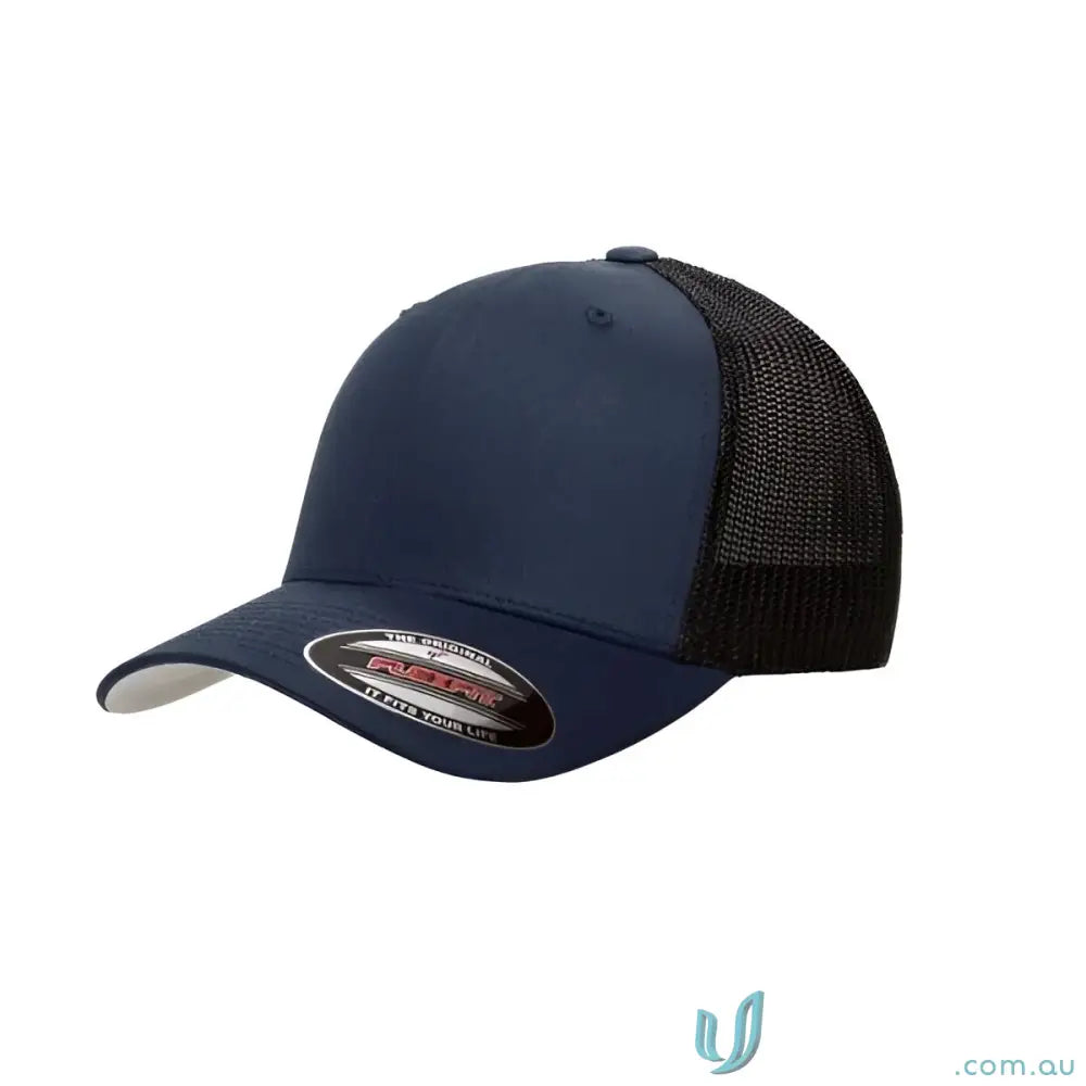 Navy and black Flexfit mesh trucker cap, cool flexfit mesh trucker style