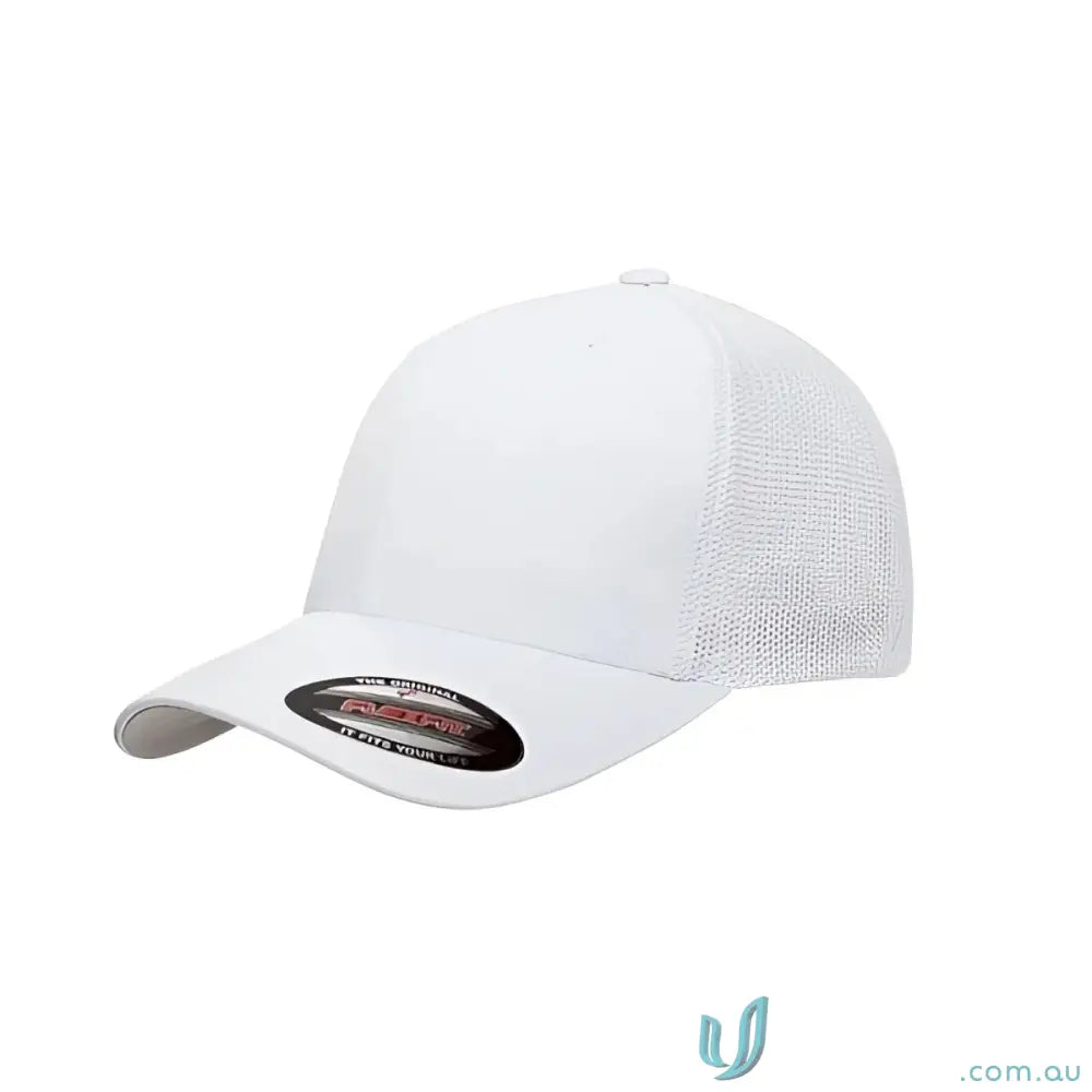 White mesh-backed Flexfit Mesh Trucker Cap for cool, comfy style
