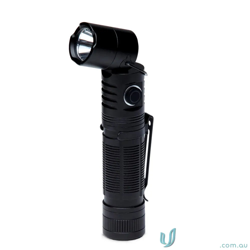 Black articulated flashlight with ribbed body, pocket clip, magnetic base for workwear