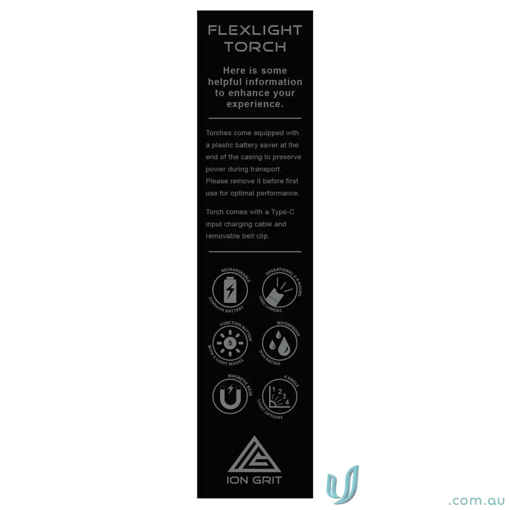 Black product info label for FlexLight Torch with magnetic base for workwear use