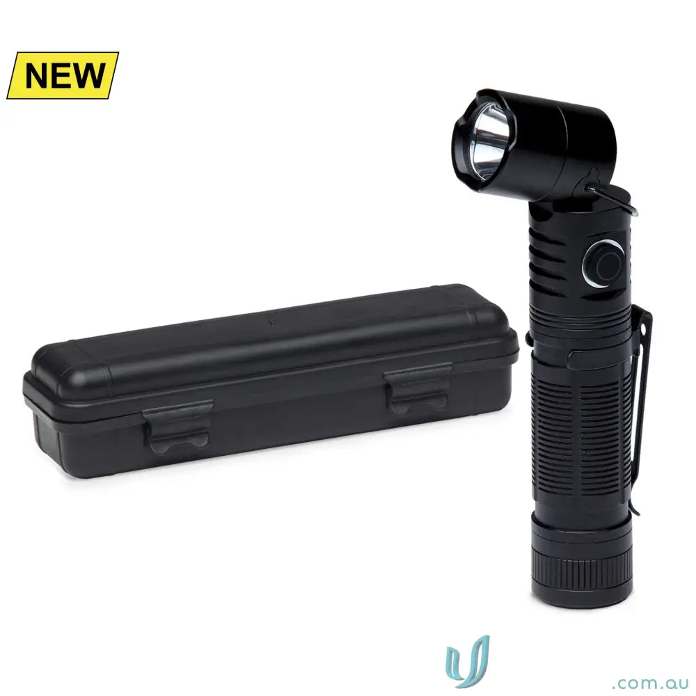 Black L-shaped tactical flashlight with magnetic base and carrying case for workwear