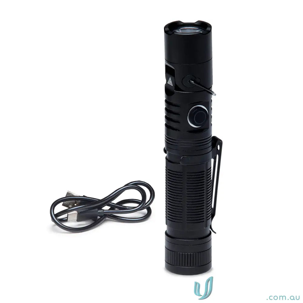 Black tactical flashlight with magnetic base, side button, USB cable for workwear use